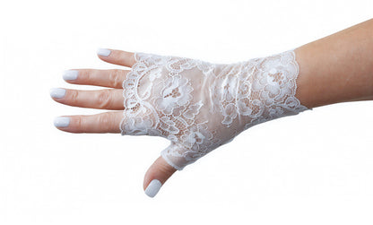 Wrist warmers gloves fingerless white silver with bow made of lace for the wedding