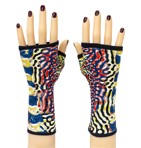 fingerlose hippie boho Handschuhe aus Jersey mit Paspel | weich & folkloristisch gemustert