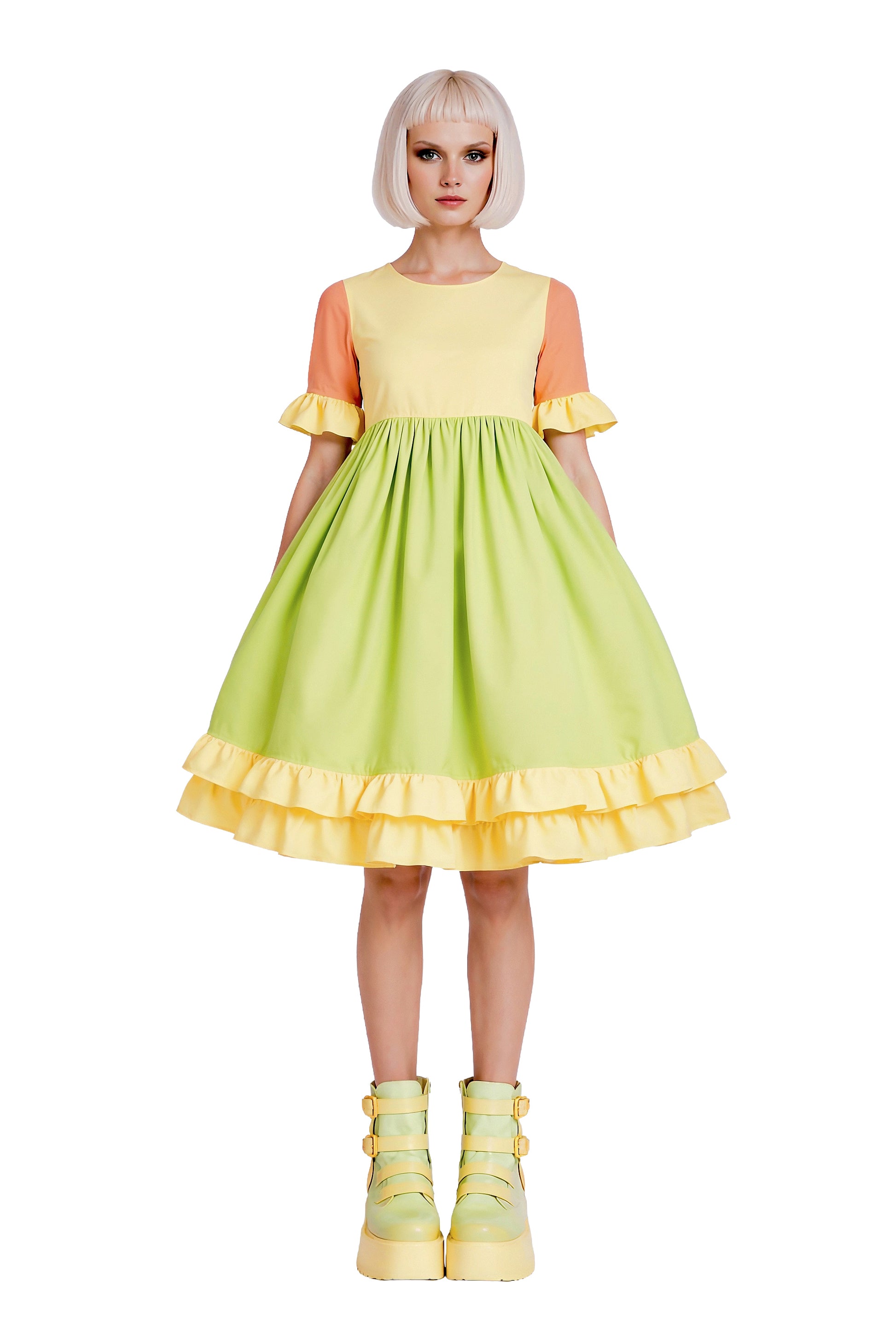 sweet lolita Kleid AKARI von Mouska Alfar in kawaii pastell Farben: gelb,pfirsich,gruen. Aus Baumwolle. Handarbeit auf Bestellung.