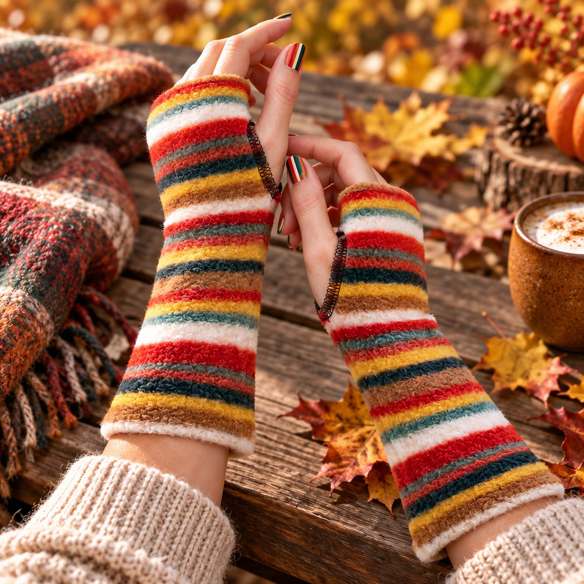 ein weiteres Herbst Foto mit den gestreiften Hand Stulpen an Damen Händen fotografiert