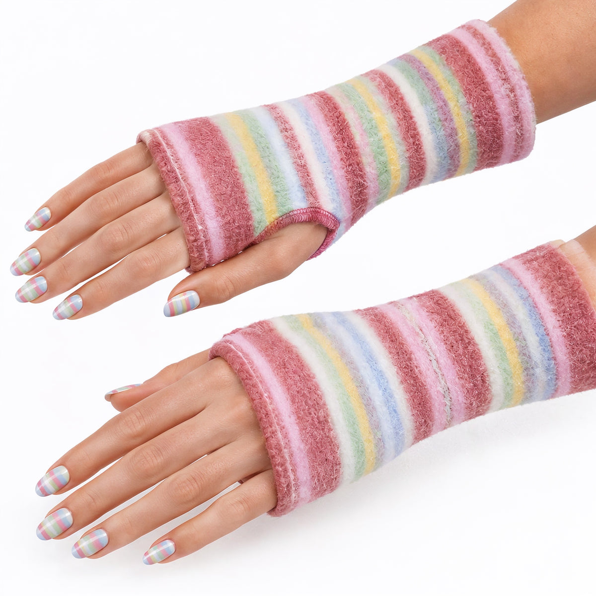 Mitaines en jersey doux, ULTRA CONFORTABLES #INDISPENSABLE, à motifs colorés, doublées (couleur de la doublure au choix), avec nœud.