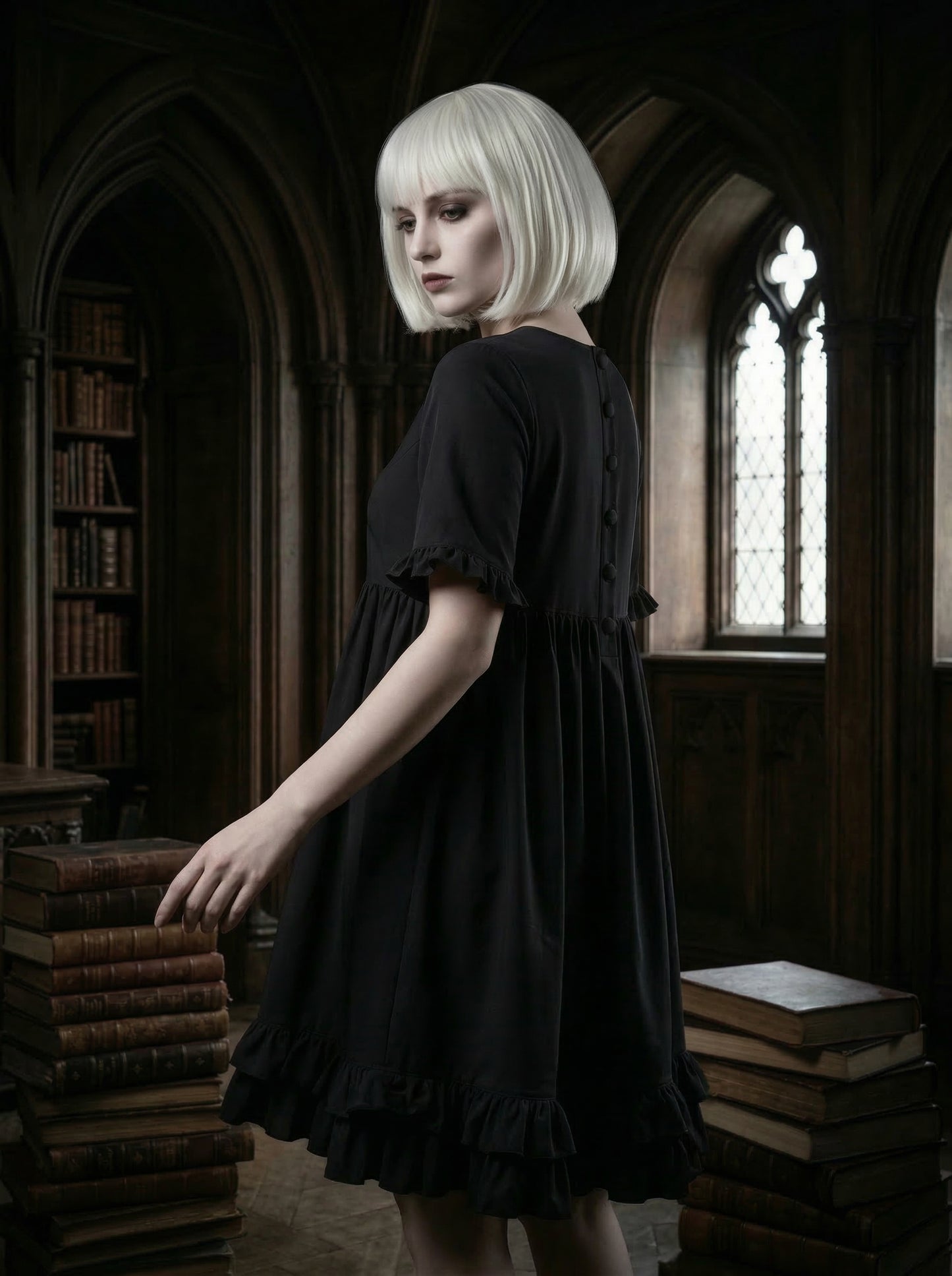 Model trägt viktorianisches Akari Kleid von Mouska Alfar in Handarbeit hergestellt auf Bestellung. für gothic, cosplay, manga, viktorianisches Theater aber auch christliche sowie förmliche Anlässe wie Trauerfeier, Kommmunion, Konfirmation oder bar mizwa