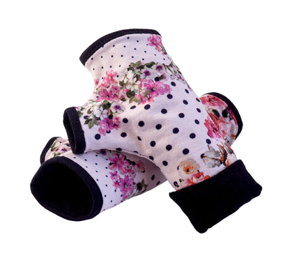 Mitaines en jersey doux, ULTRA CONFORTABLES #INDISPENSABLE, à motifs colorés, doublées (couleur de la doublure au choix), avec nœud.