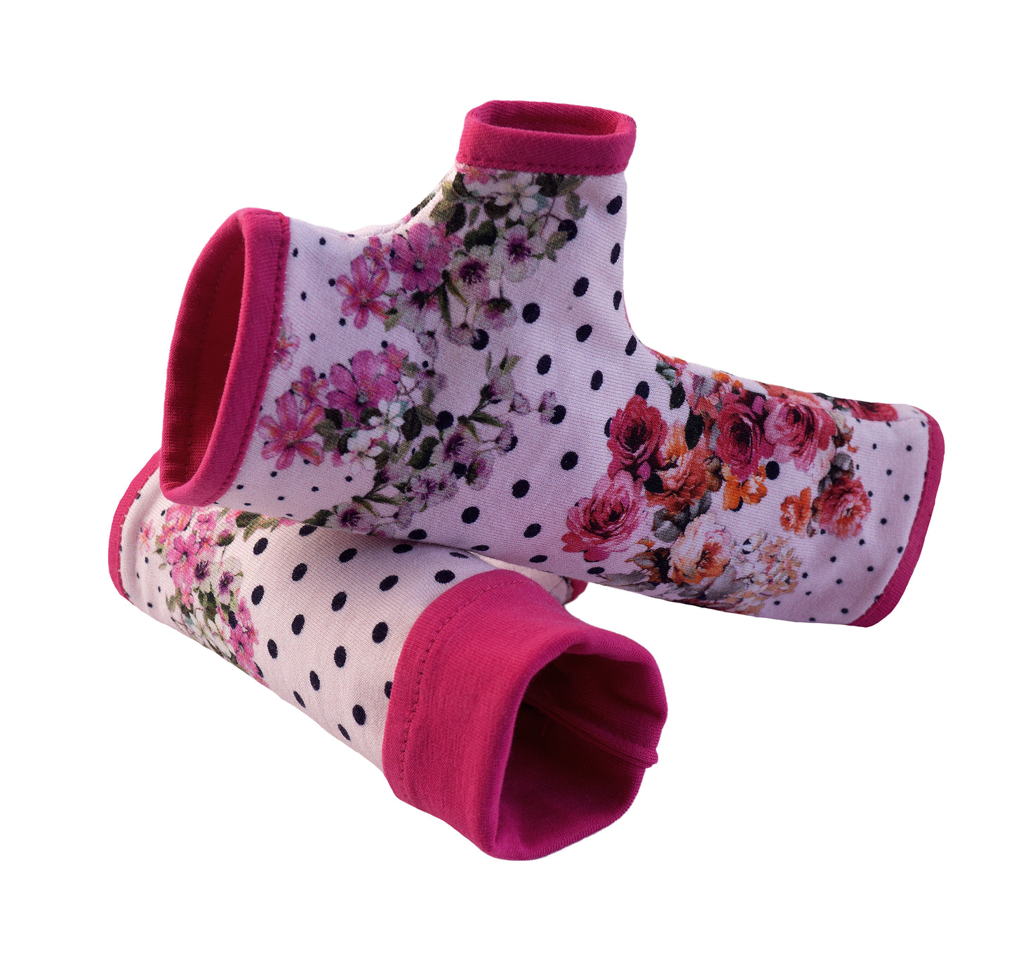 Mitaines en jersey doux, ULTRA CONFORTABLES #INDISPENSABLE, à motifs colorés, doublées (couleur de la doublure au choix), avec nœud.