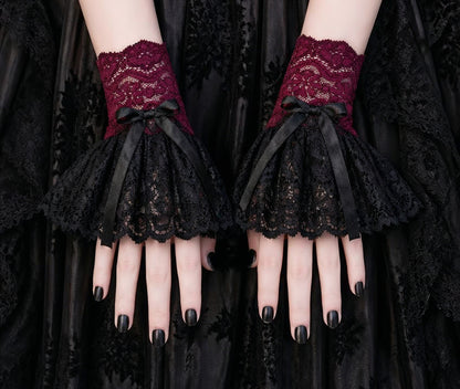 Wrist warmers gloves fingerless white silver with bow made of lace for the wedding