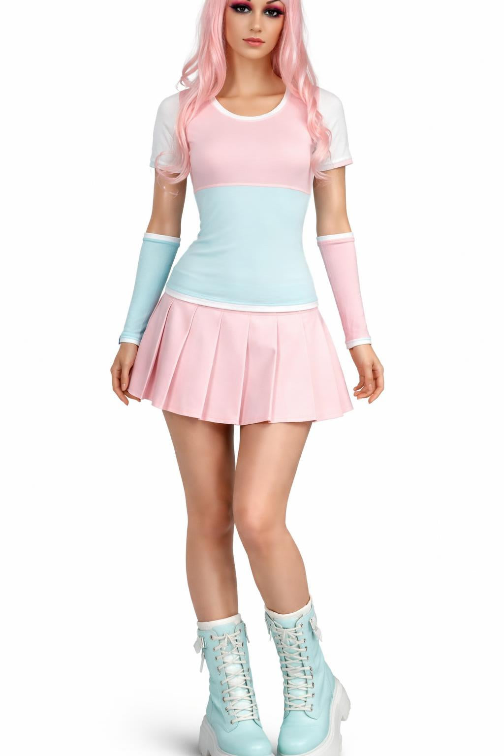 schulmädchen uniform auf diesem Bild in rosa eisminze weiß, lange rosa Haare, fette Boots in diesen Farben. Sieht toll aus!