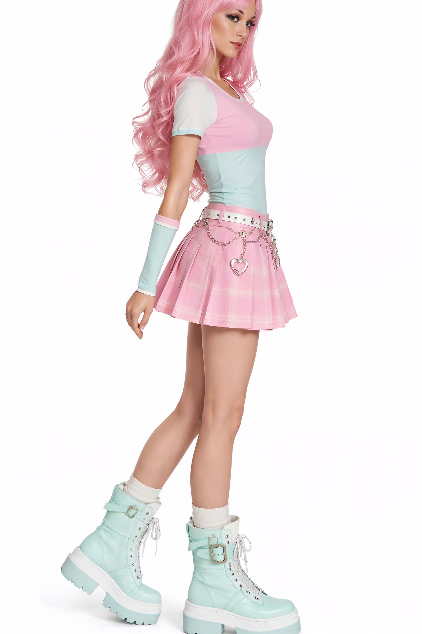 Seitenansicht Ganzkörper, shirt, rock, boots. das Rückenteil ist eisminze, Vorderteil rosa und Eisminze. Super Passform, leicht tailliert für Damen und immer ein Hingucker