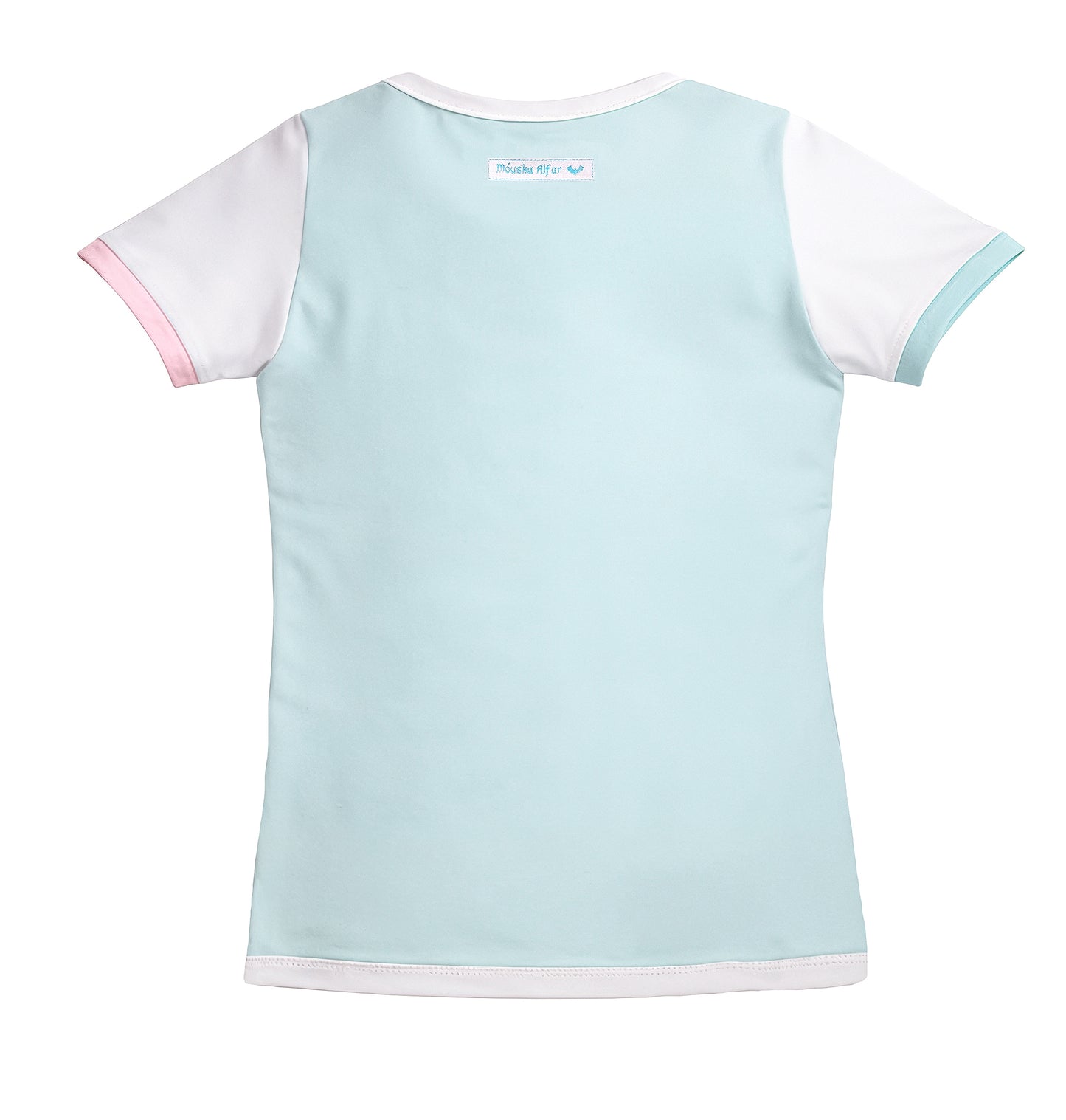 Damen Colorblock Shirt Nikita im cute kawaii style, Farben pastell eisminze rosa weiß. flatlay Fotografie Rückenteil. 