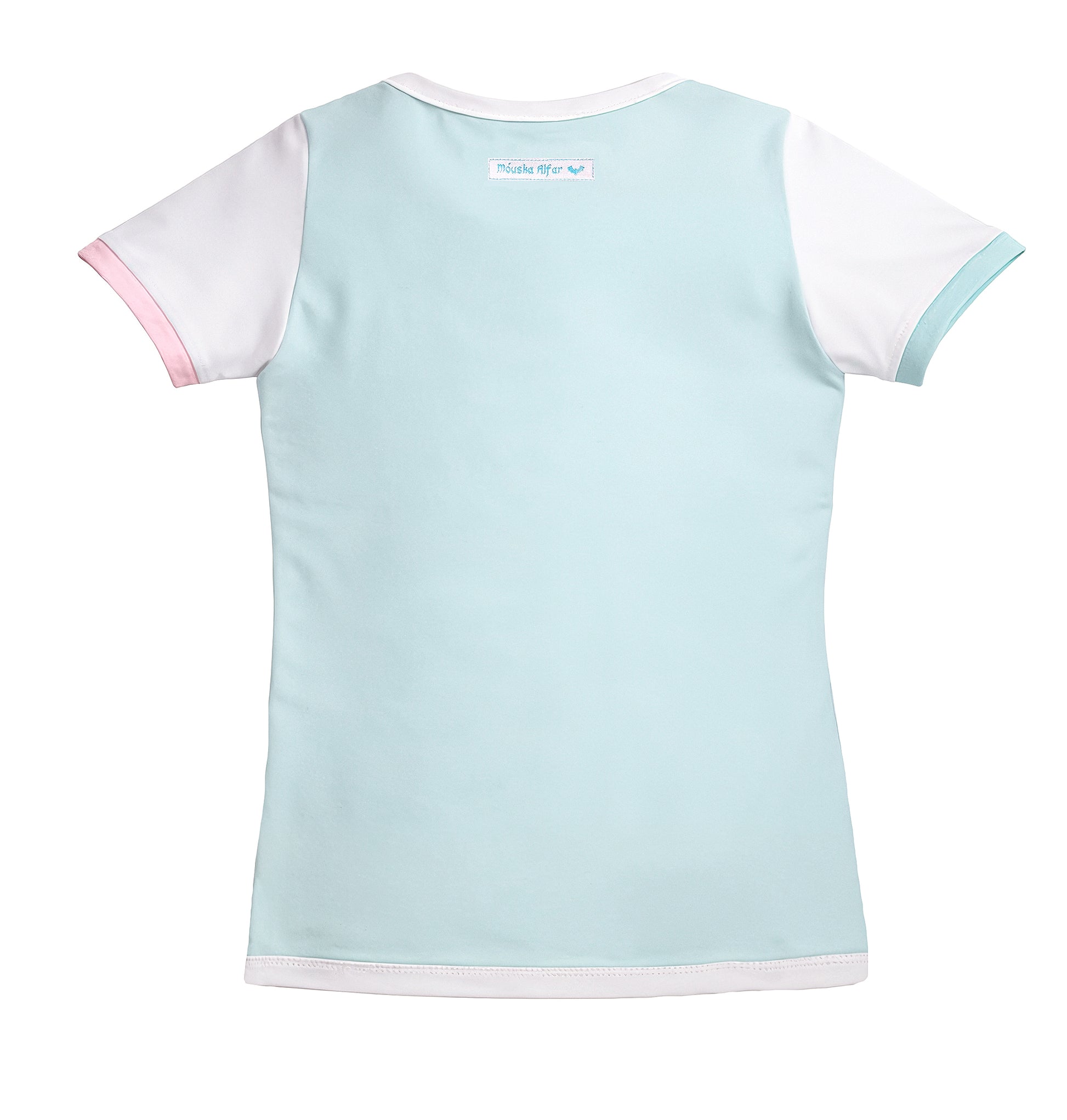 Damen Colorblock Shirt Nikita im cute kawaii style, Farben pastell eisminze rosa weiß. flatlay Fotografie Rückenteil. 