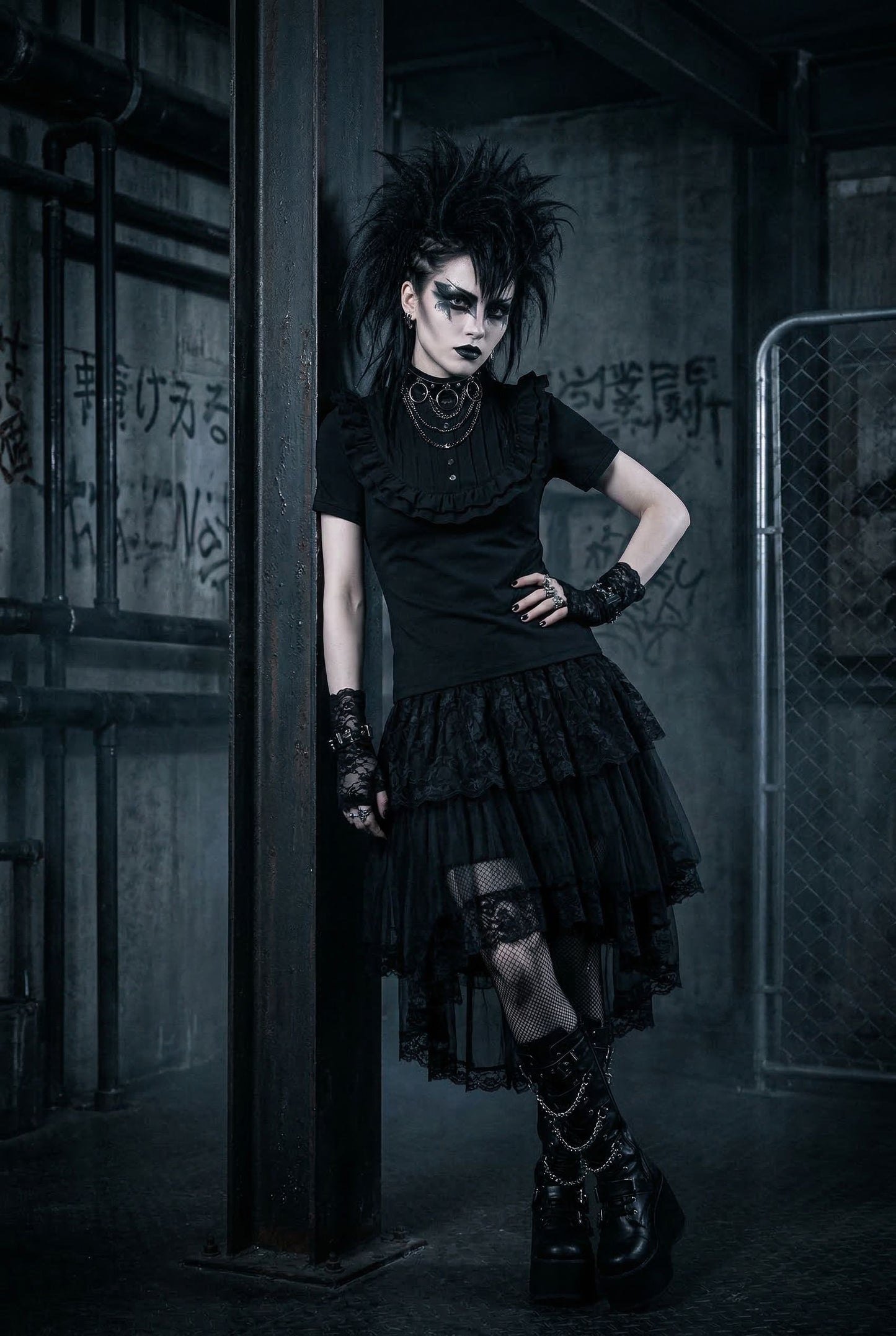 Schwarzes Gothic Lolita Shirt Tenshi mit Stehkragen, Plastron und Rüschen, kombiniert mit fingerlosen Spitzenhandschuhen, Visual Kei Mode, viktorianisch