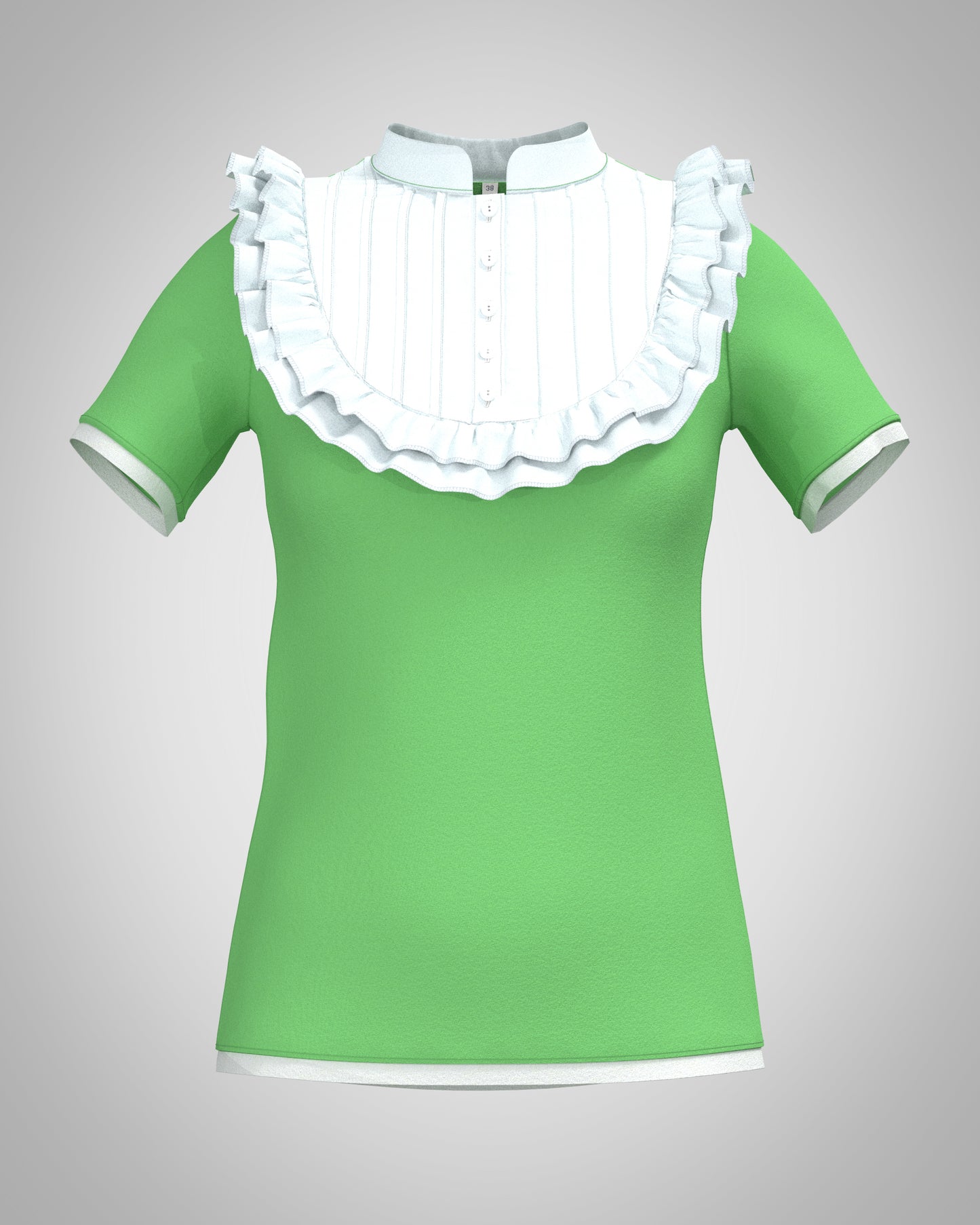 Plastron Shirt Tenshii aus Baumwolle mit Stehkragen, Rüschen, Kurzarm, Paspel um die Säume und echter Knopfleiste. Verspielte Nostalgie in apfelgrün weiß - handgefertigt viktorianisch, kawaii, cosplay Vorderansicht