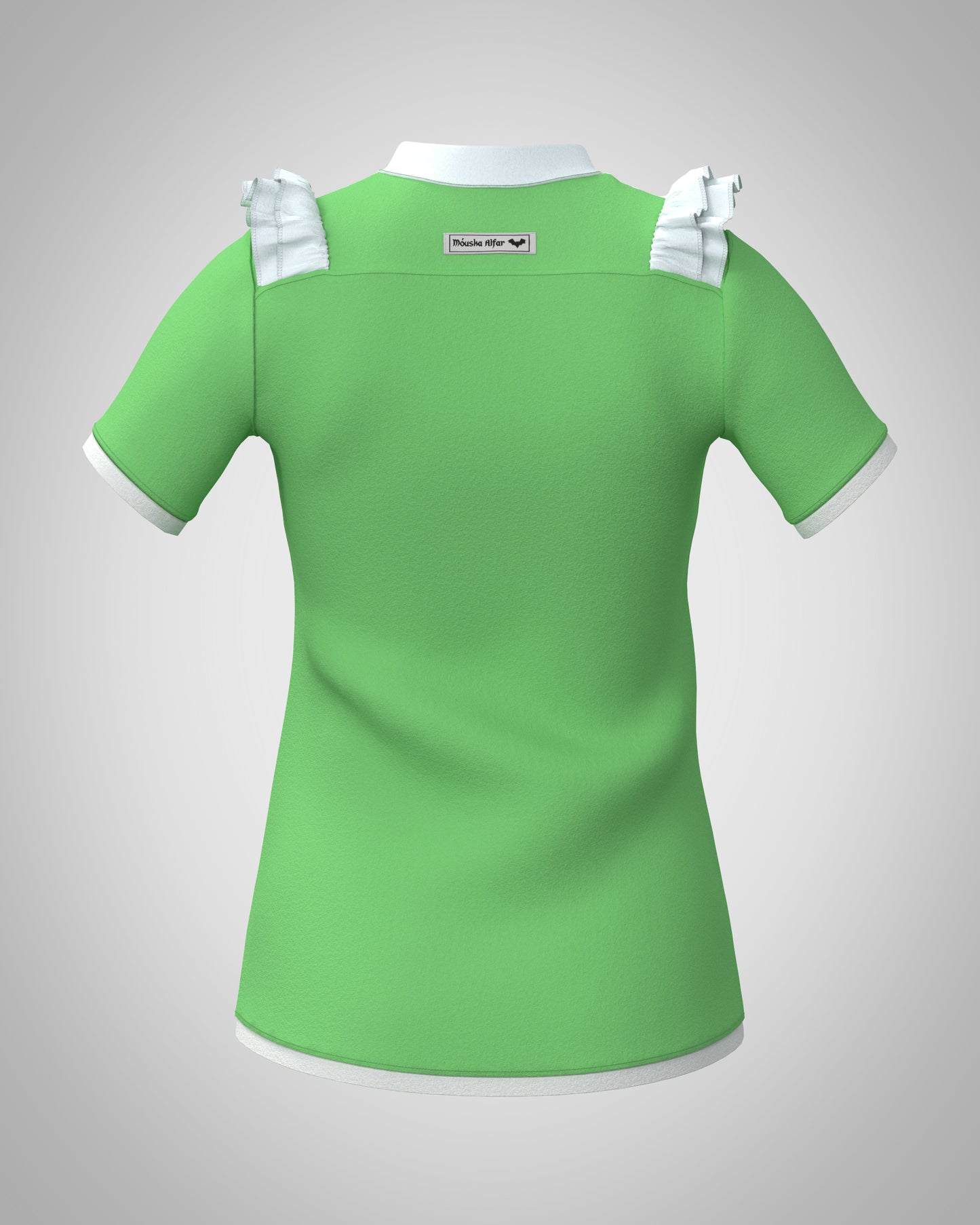 Plastron Shirt Tenshii aus Baumwolle mit Stehkragen, Rüschen, Kurzarm, Paspel um die Säume und echter Knopfleiste. Verspielte Nostalgie in apfelgrün weiß - handgefertigt viktorianisch, kawaii, cosplay Rückenansicht