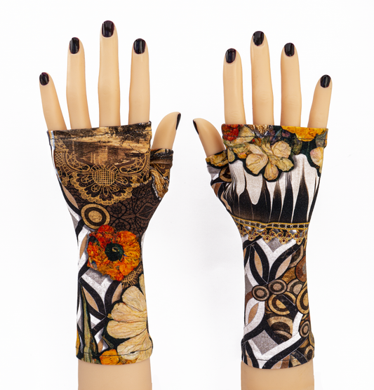hochwertige Pulswärmer aus Tricot Jersey | wild bedruckt in Herbsttönen | Handschuhe digitale Blumen