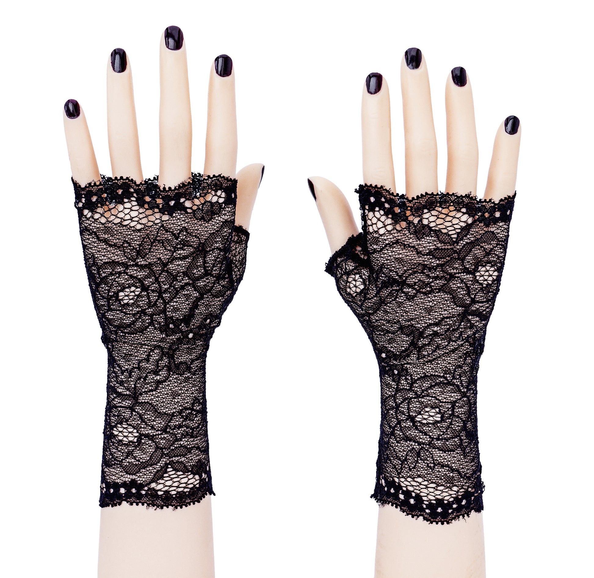 handgefertigte fingerlose Handschuhe aus feiner Netz Spitze schwarz – Mouska Alfar Manufaktur