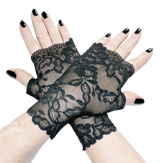 Schwarze Gothic Handschuhe fingerlos aus floraler Netzspitze Mouska Alfar