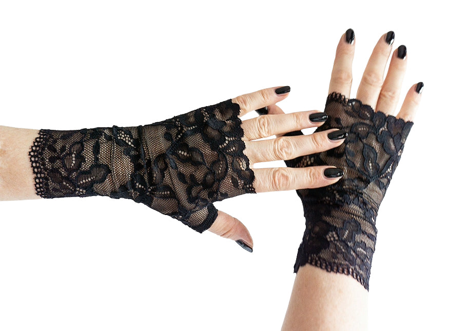 Schwarze Spitzenhandschuhe fingerlos für Pin Up, Punk & förmliche Anlässe Neuware