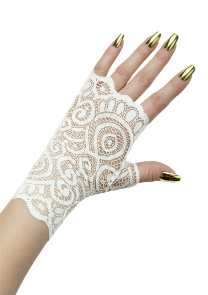 Detailansicht von nur einem Handschuh aus elfenbein farbiger Spitze, leicht elastisch, goldene Nägel, 5 Größen für Damen, Handarbeit