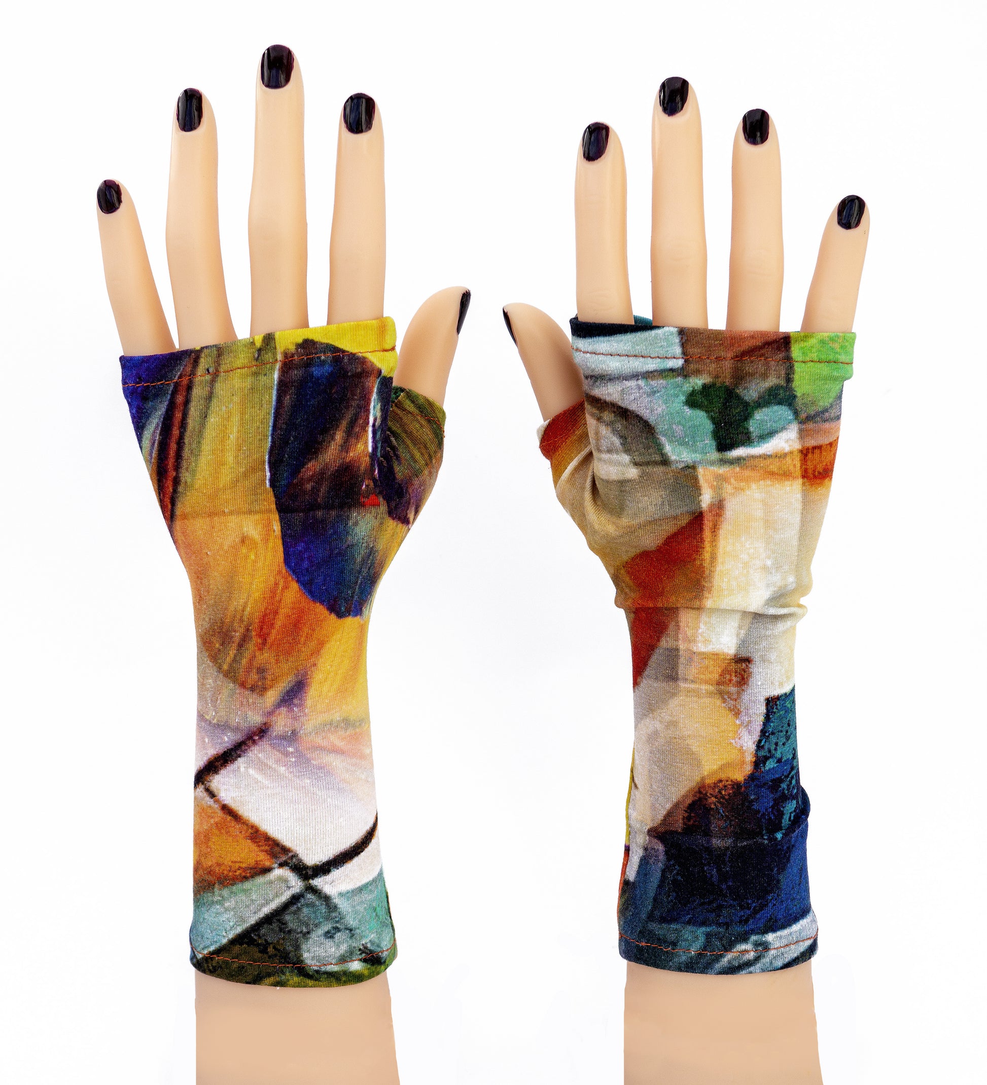 fingerlose, robuste Handschuhe mit Kunstdruck abstrakt, Franz Marc Expressionismus style von Stenzo. Bequem, robust, Blickfang, pflegeleicht. Handarbeit von Mouska Alfar