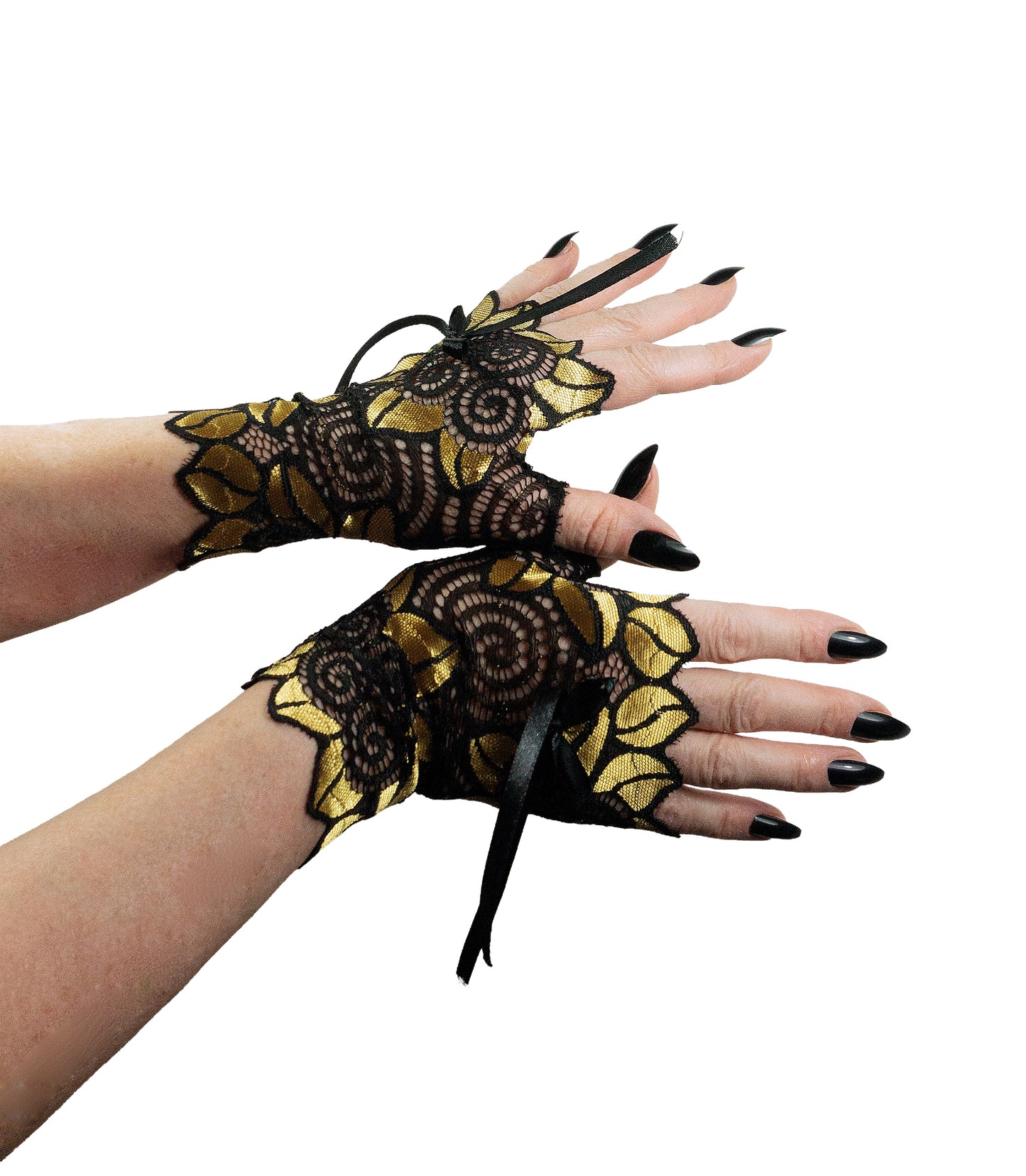 fingerlose Handschuhe ausa oppulenter Spitze, sehr extra vagant und auffällig mit riesigen Blumen - Handarbeit von Mouska Alfar, entweder in schwarz gold oder beige braun wählbar