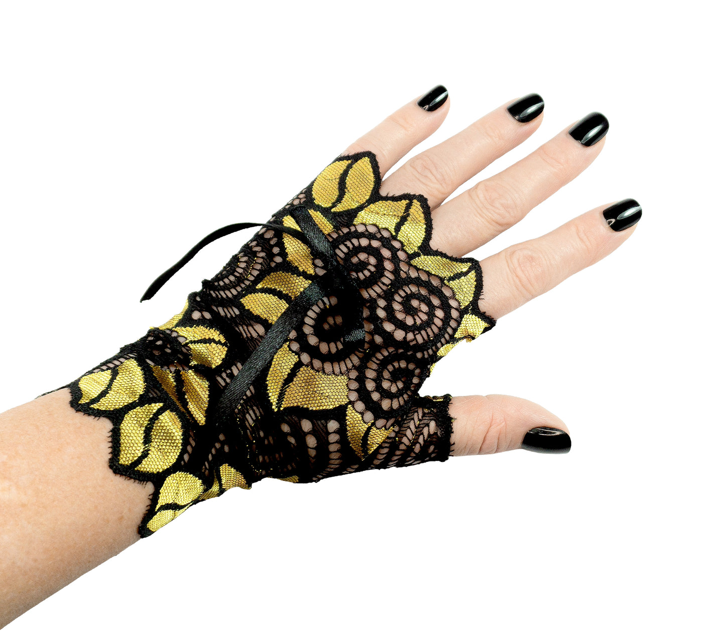 fingerloser Handschuh aus Spitze mit Glanz, Blätter und Blumen Dessin in gelb gold leuchtend, von Mouska Alfar