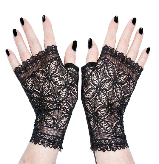 Fingerlose Gothic-Handschuhe schwarze Spitze, kirchliches Rosettenmuster