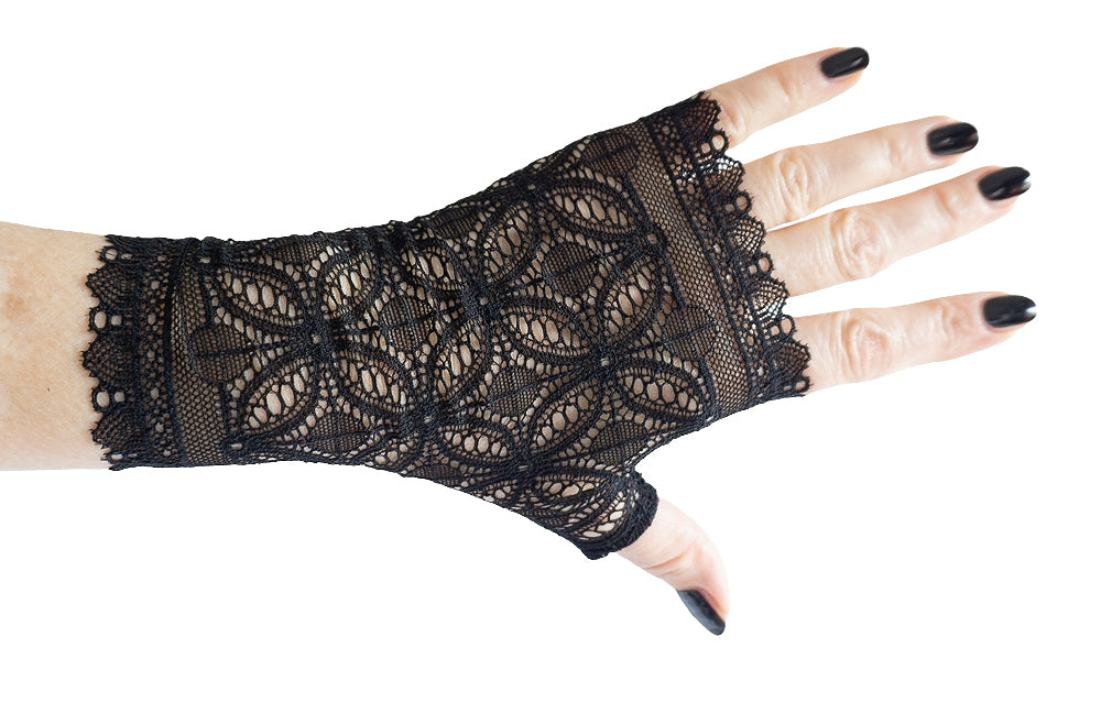 Schwarzer Spitzen-Handschuh fingerlos, sakrale Ornamente, Bogenkante