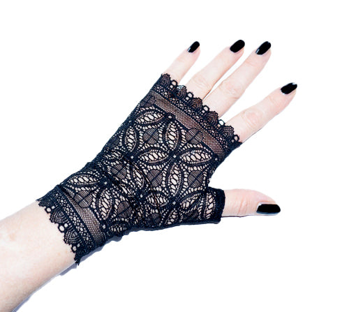 Fingerloser Gothic-Handschuh Netzspitze schwarz, christliches Muster