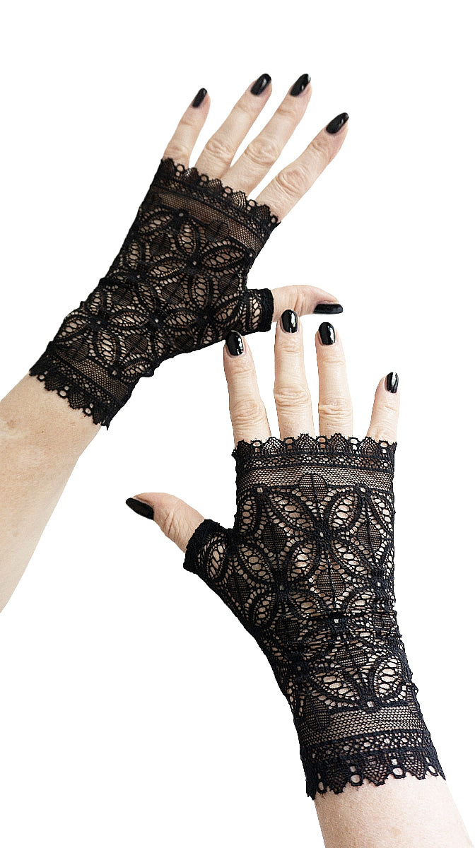 Gothic-Handschuhe fingerlos, schwarze Netzspitze, Rosettenmuster sakral