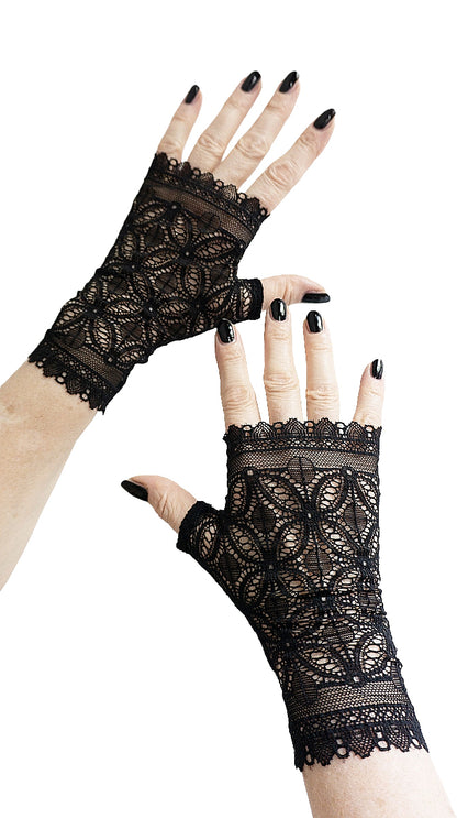 Gothic-Handschuhe fingerlos, schwarze Netzspitze, Rosettenmuster sakral