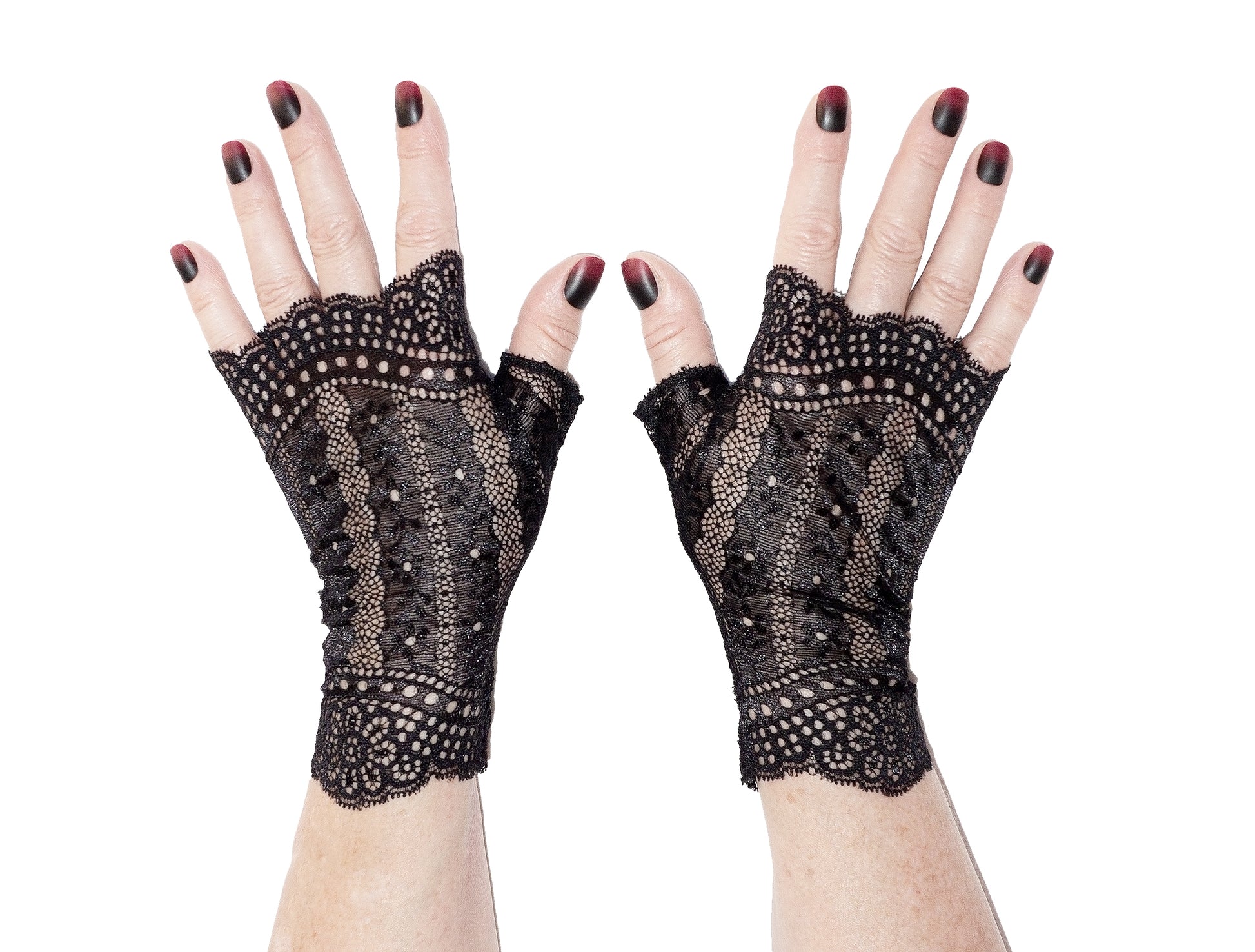 Fingerless gloves, black silky shiny
