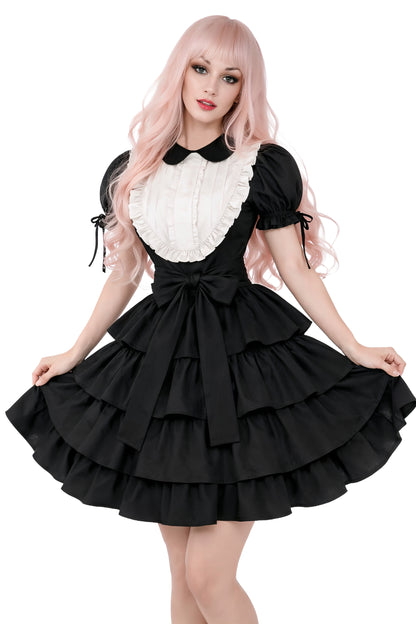 viktorianisches maid kleid Misaya schwarz weiss, Vorderansicht | aus Baumwolle. Handarbeit auf Bestellung. Aufwändig genähtes Kleid mit Rüschen, Plastron, Kragen, Puffärmel und vielen Details