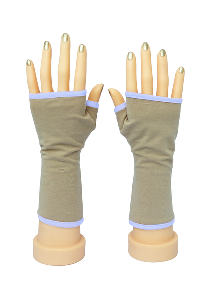 Pulswärmer Handschuhe fingerlos beige Baumwolle Jersey Futter in mittleren Farben