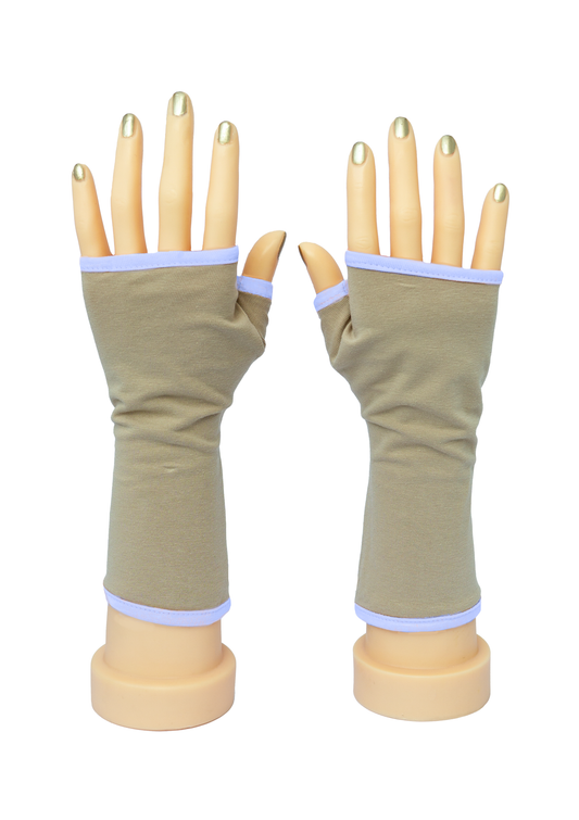 Pulswärmer Handschuhe fingerlos beige Baumwolle Jersey Futter in mittleren Farben