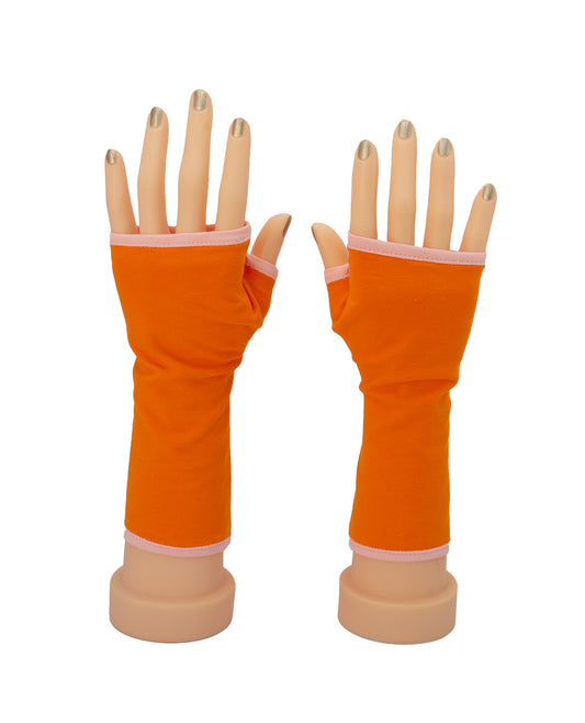 Pulswärmer Handschuhe fingerlos Jersey orange + Futter Paspel helle Farben