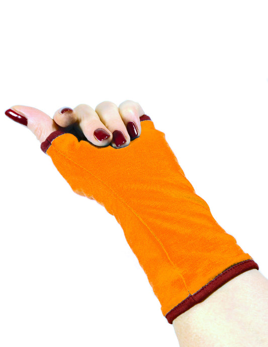 Pulswärmer Handschuhe fingerlos Jersey orange + Paspel Futter in mittleren Farben