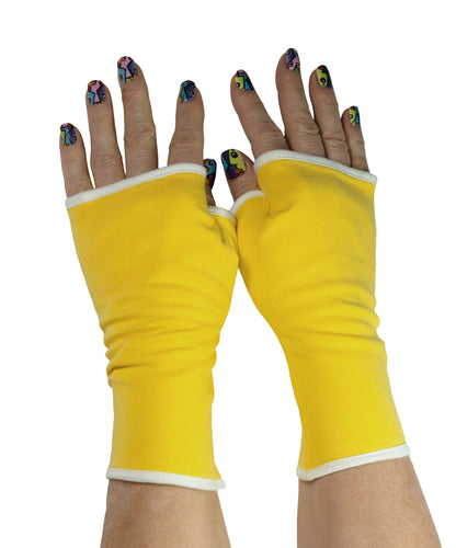 Soft jersey wrist warmers, SUPER COMFORTABLE #MUSTHAVE, brightly patterned, lined, lining color selectable, with bow