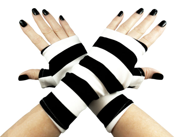 handschuhe fingerlos weiß Fingerlose Handschuhe Blockstreifen Schwarz Weiß | 80er Retro Punk