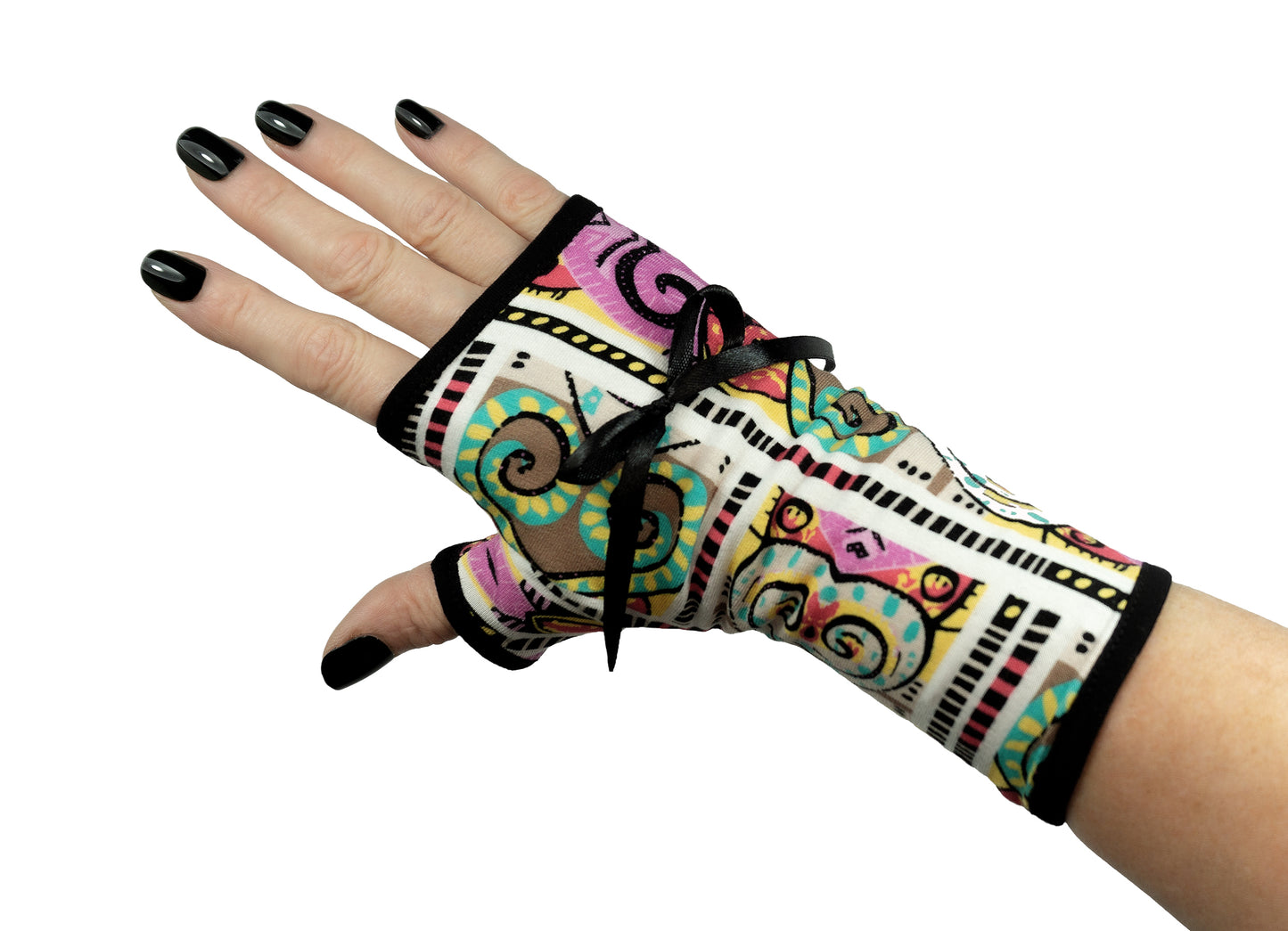 Soft jersey wrist warmers, SUPER COMFORTABLE #MUSTHAVE, brightly patterned, lined, lining color selectable, with bow