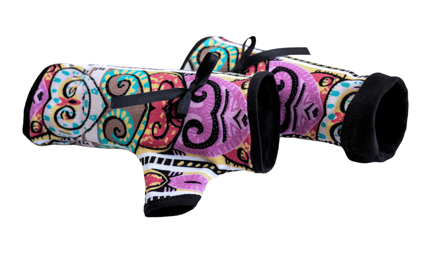 Soft jersey wrist warmers, SUPER COMFORTABLE #MUSTHAVE, brightly patterned, lined, lining color selectable, with bow