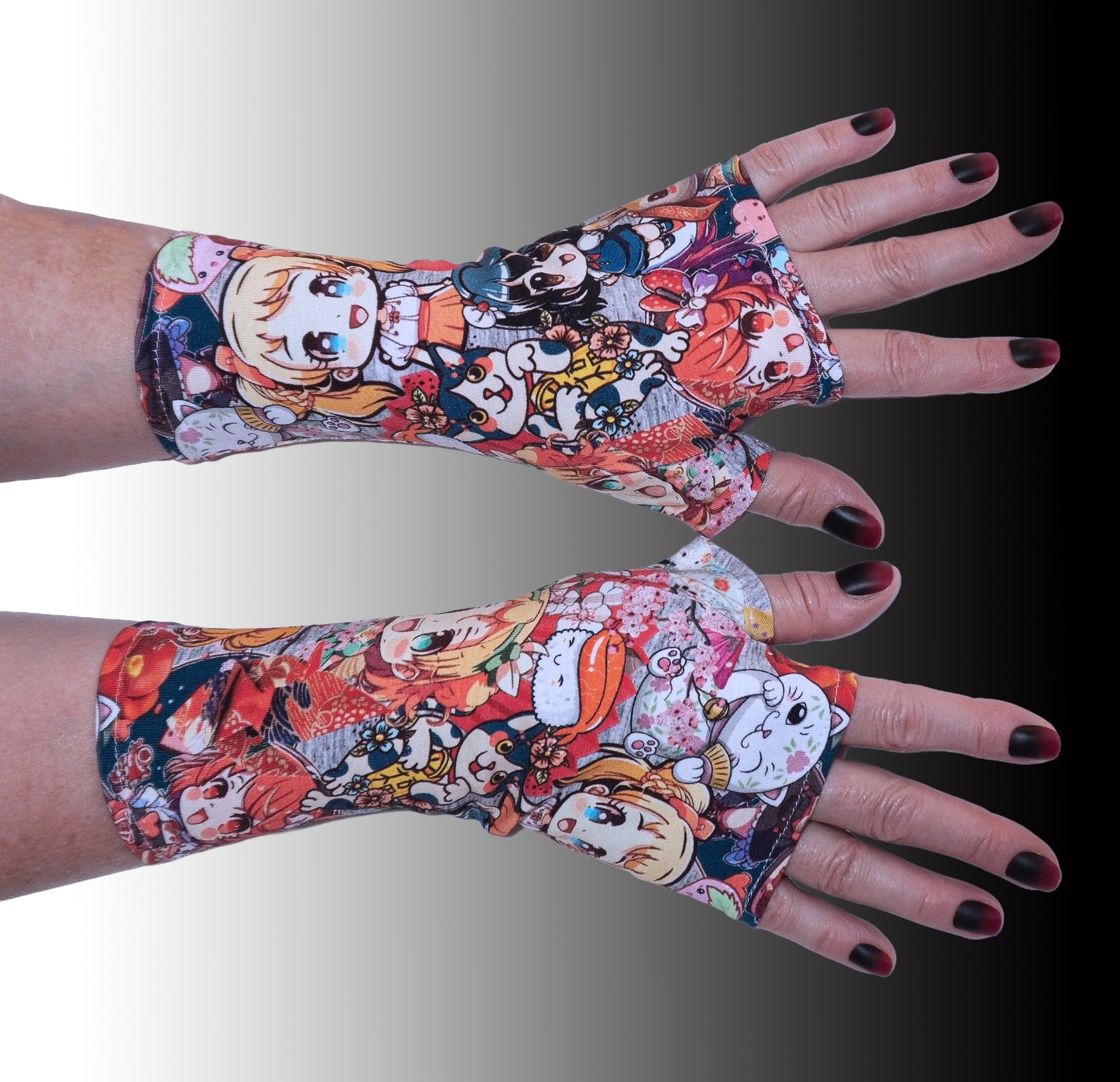 noch ein Paar. Andere Perspektive. Handschuhe ganzes Bild ausfüllend, seitlich von rechts gedreht, Hintergrund mit dark Verlauf. Schön cyber punk gothic anime art style