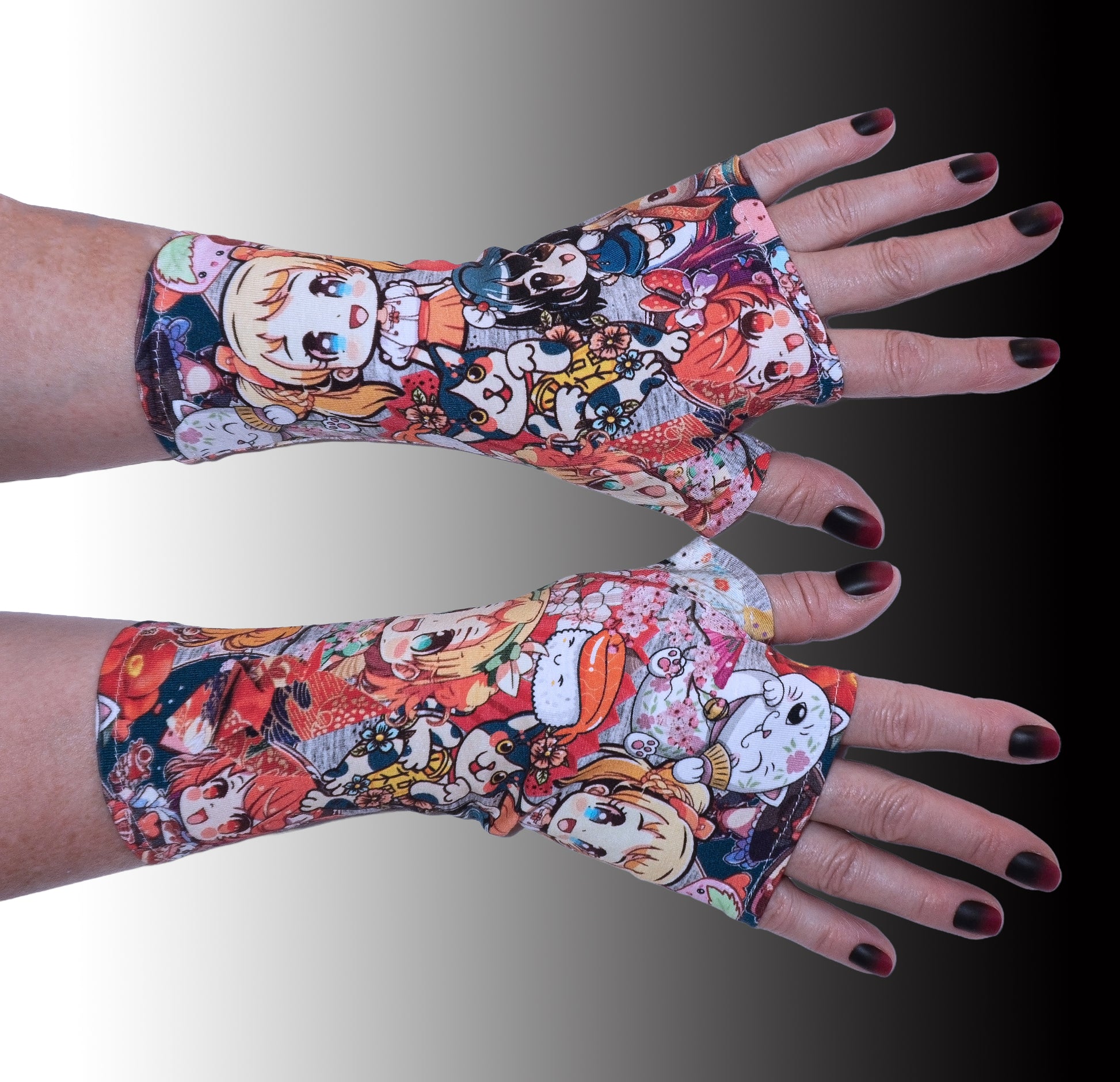 noch ein Paar. Andere Perspektive. Handschuhe ganzes Bild ausfüllend, seitlich von rechts gedreht, Hintergrund mit dark Verlauf. Schön cyber punk gothic anime art style