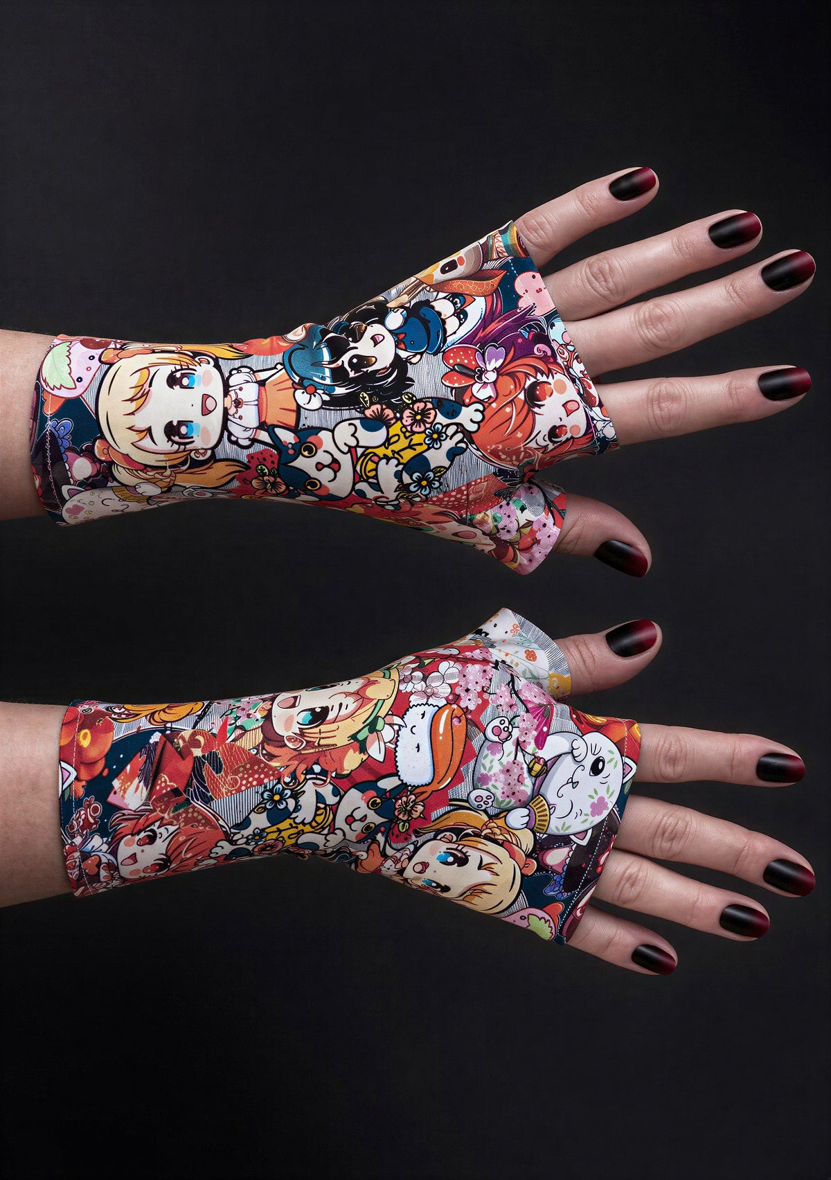 ein paar anime comic digital print Handschuhe ohne Finger für Kinder und Erwachsene, auch für Männer, für alle! Limitierte Auflage! Stoff von Stenzo wird nicht mehr produziert. Motiv des Drucks: Manga Girls