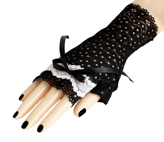 Fingerlose Gothic Lolita Handschuhe aus schwarzer Spitze mit Schleife