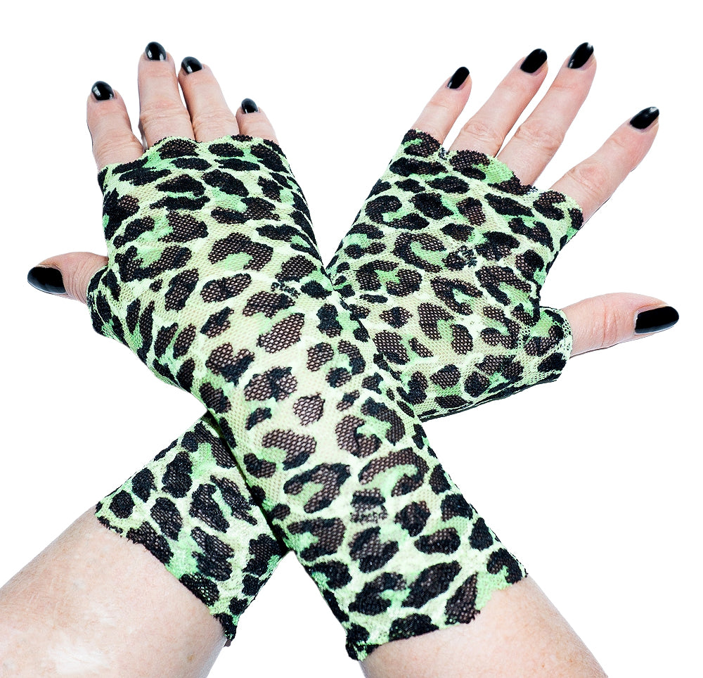 Fingerless long gloves leopard pink or green black