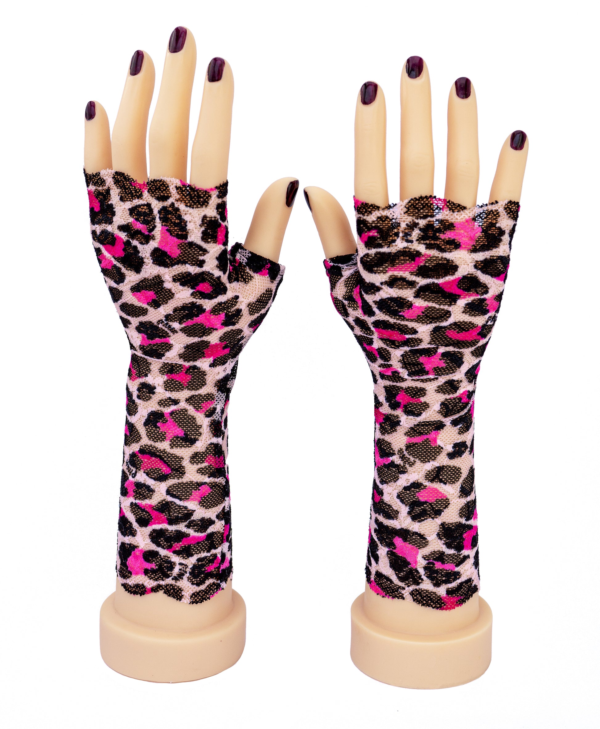 lange Handschuhe fingerlos leopard pink punk oder grün schwarz – Mouska Alfar Manufaktur