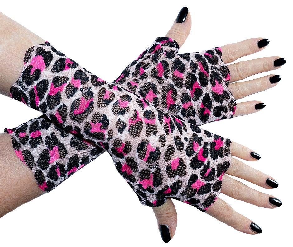 lange Damen Spitzen Handschuhe fingerlos | pink oder green punk leo