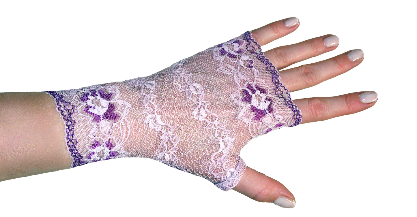 art deco Handschuhe fingerlos aus Spitze in flieder "wilde orchidee", zarte nostalgische Verarbeitung mit Blumen und lila Bogenkante - 2 farbig