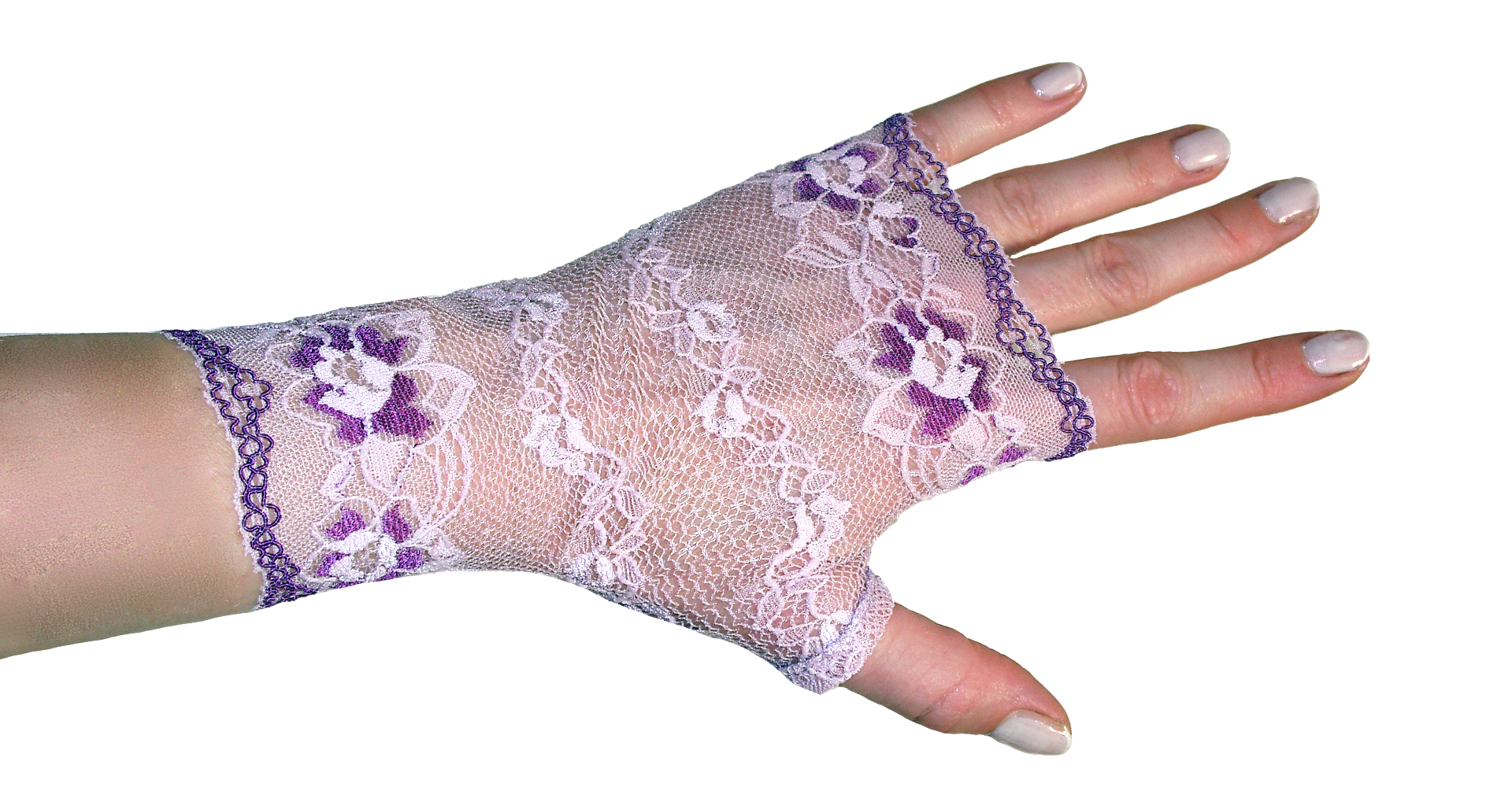 art deco Handschuhe fingerlos aus Spitze in flieder "wilde orchidee", zarte nostalgische Verarbeitung mit Blumen und lila Bogenkante - 2 farbig