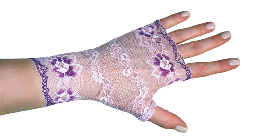 art deco Handschuhe fingerlos aus Spitze in flieder "wilde orchidee", zarte nostalgische Verarbeitung mit Blumen und lila Bogenkante - 2 farbig