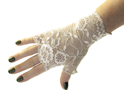 Wrist warmers gloves fingerless white silver with bow made of lace for the wedding